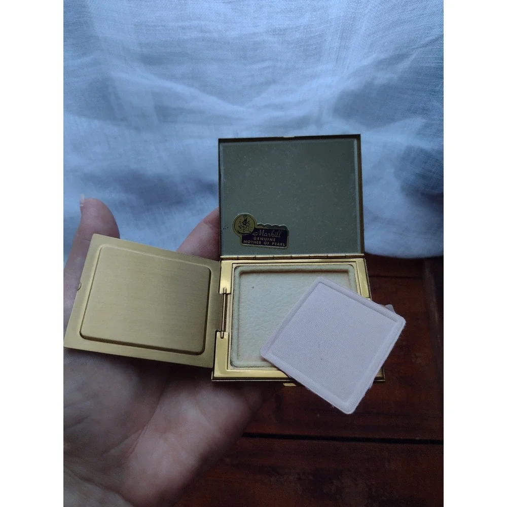 Vintage Marhill Genuine Mother of Pearl Checkerboard Compact Gold Tone Brass